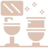 Bathroom icons: mirror, sink, toilet, sparkles.
